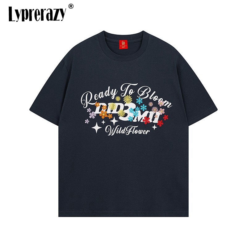 Streetwear Brand Flower - Lyprerazy ストリートブランド花咲く準備ができた刺繍半袖メンズ Tシャツ夏カジュアルコットン Tシャツ