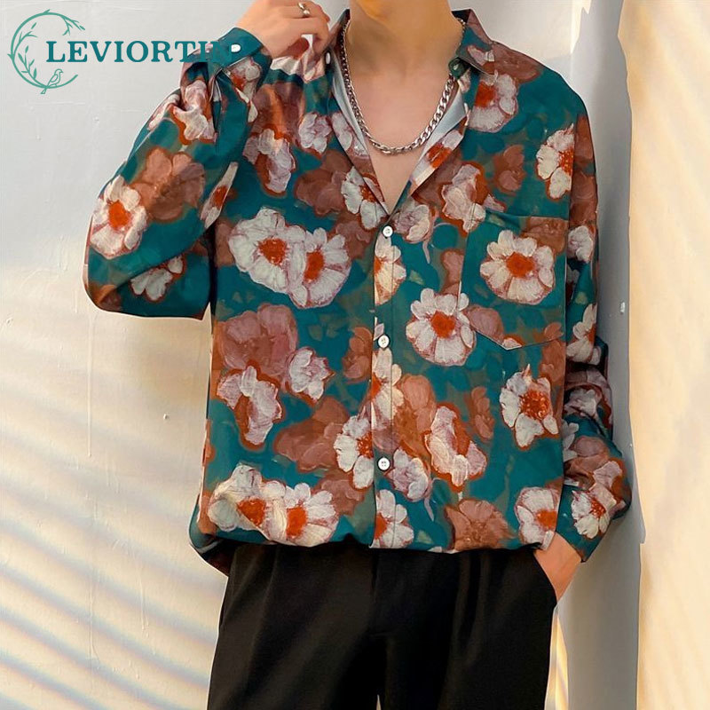 Streetwear Brand Flower - 花柄のメンズ長袖Tシャツ,原宿風,大きくて用途の広いストリートウェア