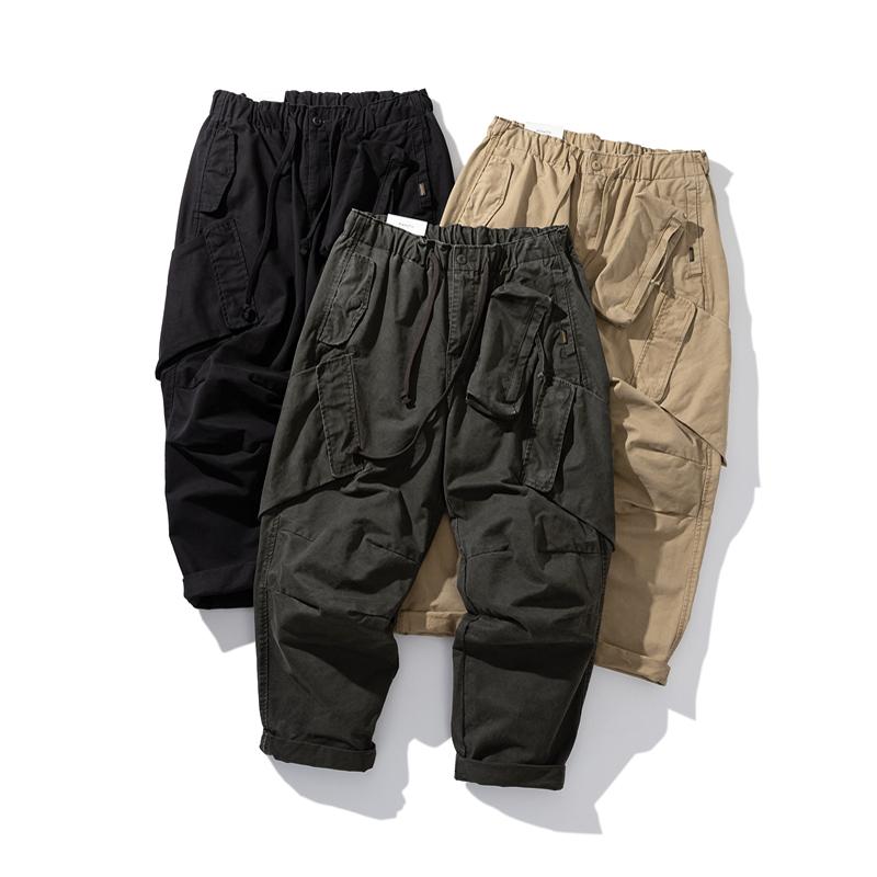 Streetwear Brand Japanese - 秋の日本の若者向けストリートウェアブランド、3Dマルチポケットカジュアルパンツ、レトロウォッシュドヴィンテージスタイル、シティボーイ風ルーズフィットカーゴパンツ