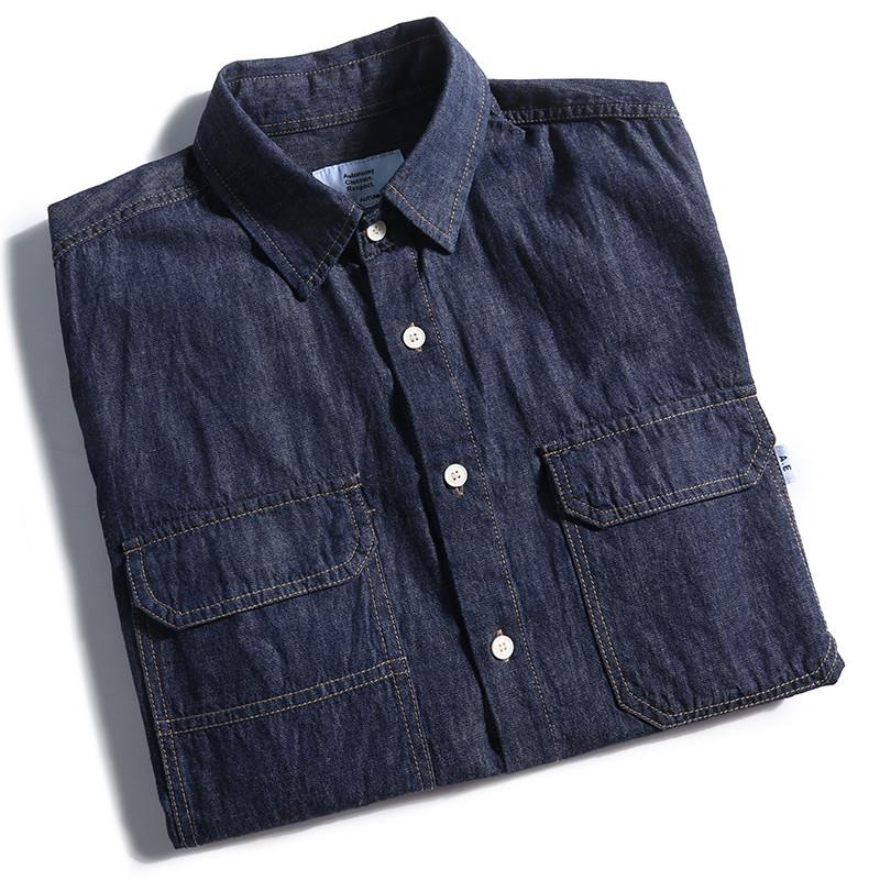 レトロ和風ルーズフィットメンズデニムシャツ半袖トレンディブラ - Streetwear Brand Japanese のレビューと価格