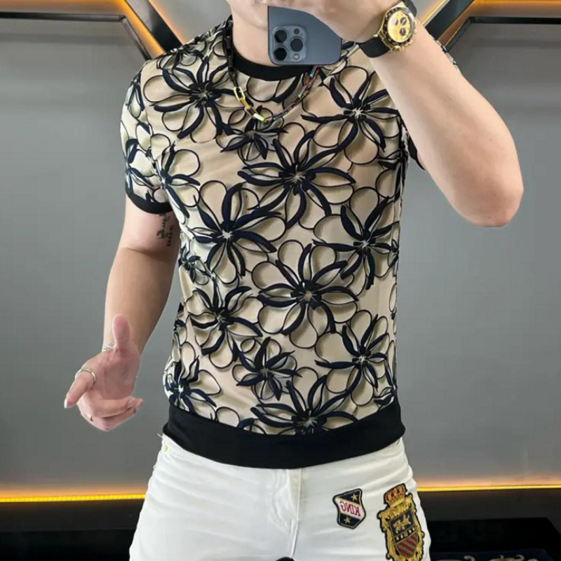 メンズシルクフラワープリントTシャツ,半袖,ラウンドネック, - Streetwear Brand Flower のレビューと価格